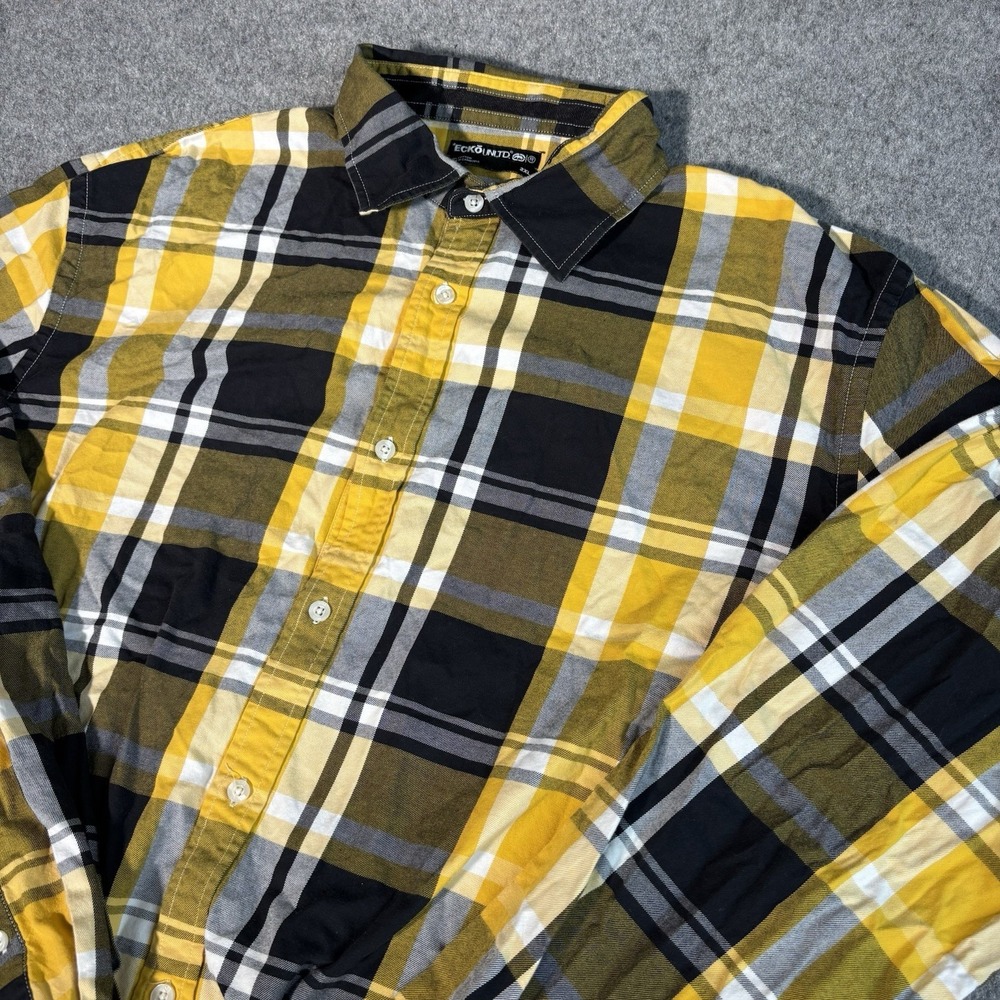 Ecko Unltd Button Up Shirt Men's 2XL Yellow Plaid Long Sleeve Casual Streetwear